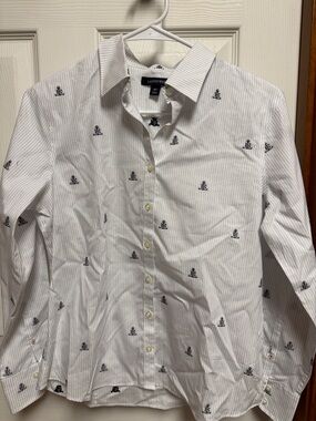Lands' End White Button-Down Shirt with Navy Anchor Embroidery